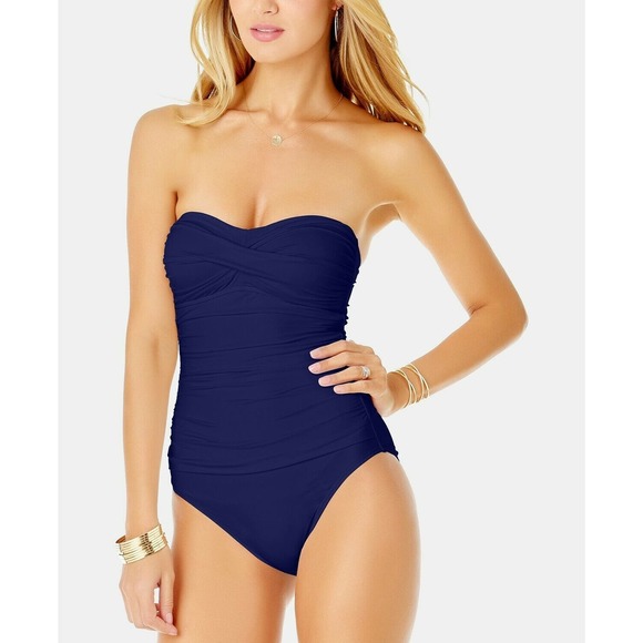 Anne Cole Other - Anne Cole Navy Blue Twist-Front Ruched Bandeau Slimming One-Piece Swimsuit 6 New